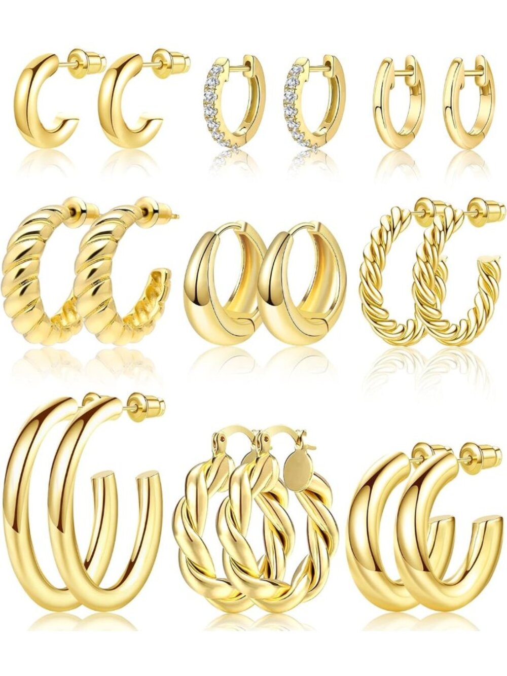 9 Pairs Twisted Gold Hoop Earrings Set - Lightweight Huggie Hoops for Gifts